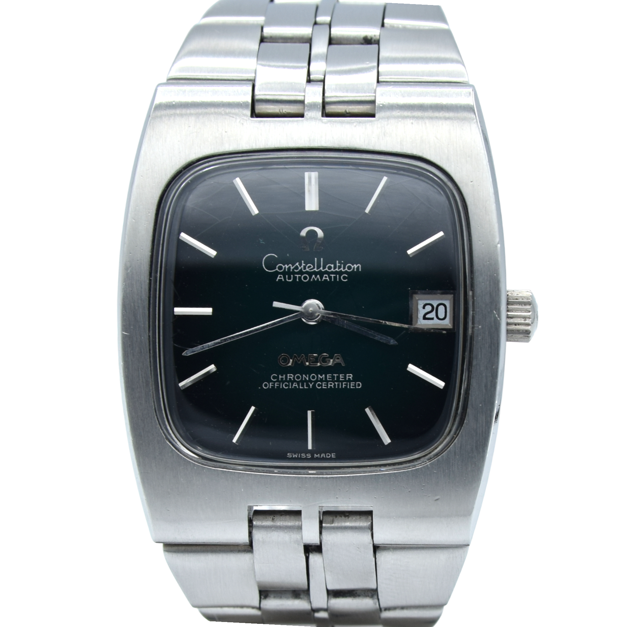 1969 Omega Constellation Automatic Chronometer Date Wristwatch Model 167.047 with Green Spider Dial in Stainless Steel Case on Bracelet