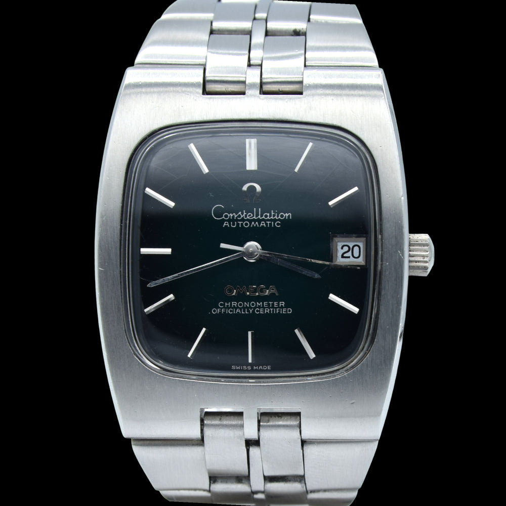 1969 Omega Constellation Automatic Chronometer Date Wristwatch Model 167.047 with Green Spider Dial in Stainless Steel Case on Bracelet