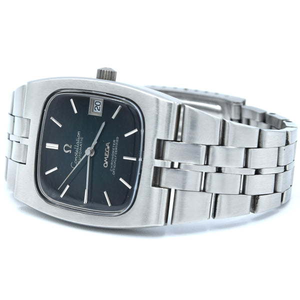 1969 Omega Constellation Automatic Chronometer Date Wristwatch Model 167.047 with Green Spider Dial in Stainless Steel Case on Bracelet