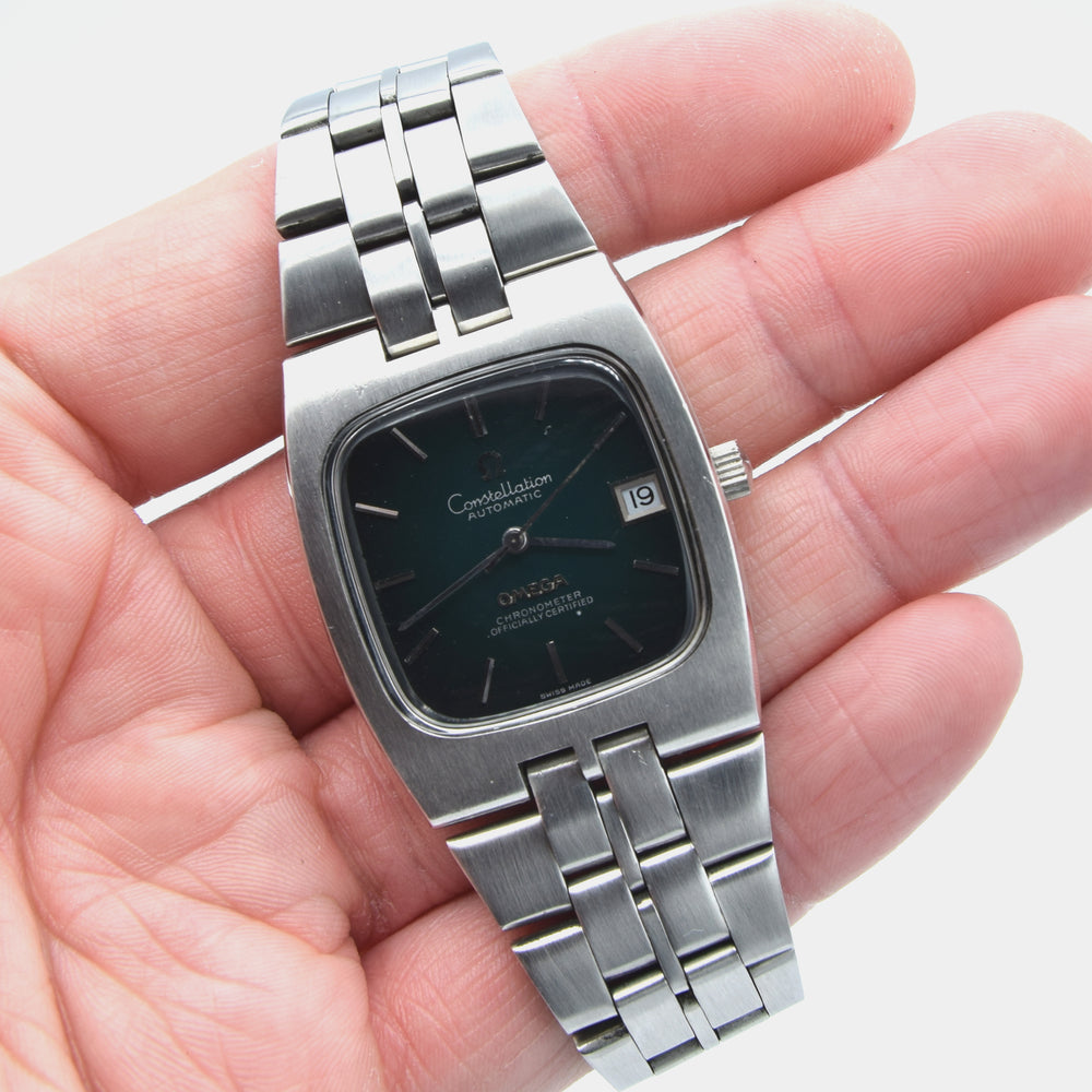 1969 Omega Constellation Automatic Chronometer Date Wristwatch Model 167.047 with Green Spider Dial in Stainless Steel Case on Bracelet