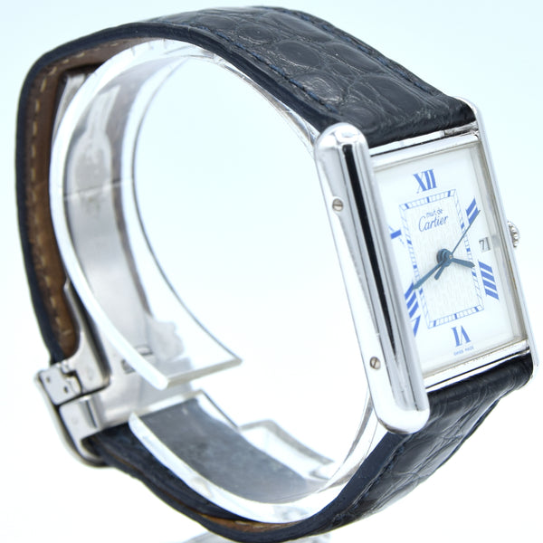 2001 Large Cartier Tank Date with Roman Numerals Model 2414 in Silver with Deployment Clasp, Box and Papers