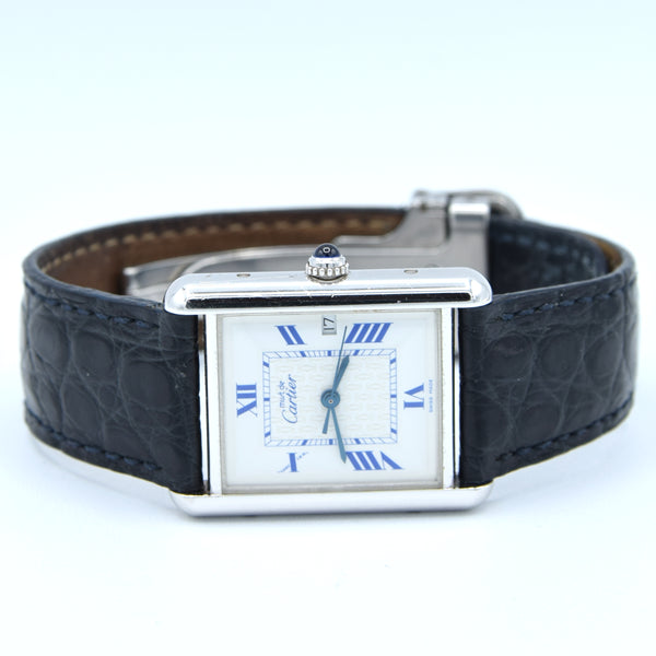 2001 Large Cartier Tank Date with Roman Numerals Model 2414 in Silver with Deployment Clasp, Box and Papers