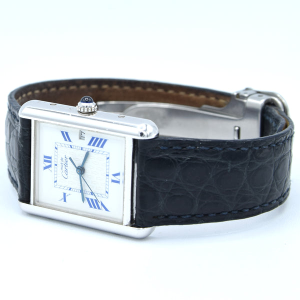 2001 Large Cartier Tank Date with Roman Numerals Model 2414 in Silver with Deployment Clasp, Box and Papers