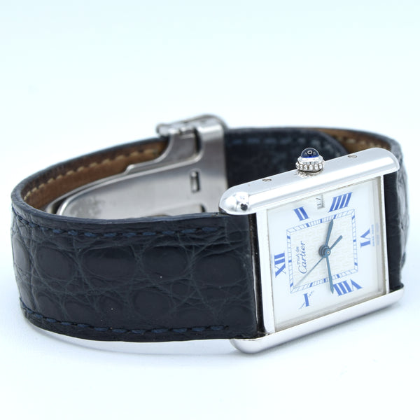 2001 Large Cartier Tank Date with Roman Numerals Model 2414 in Silver with Deployment Clasp, Box and Papers
