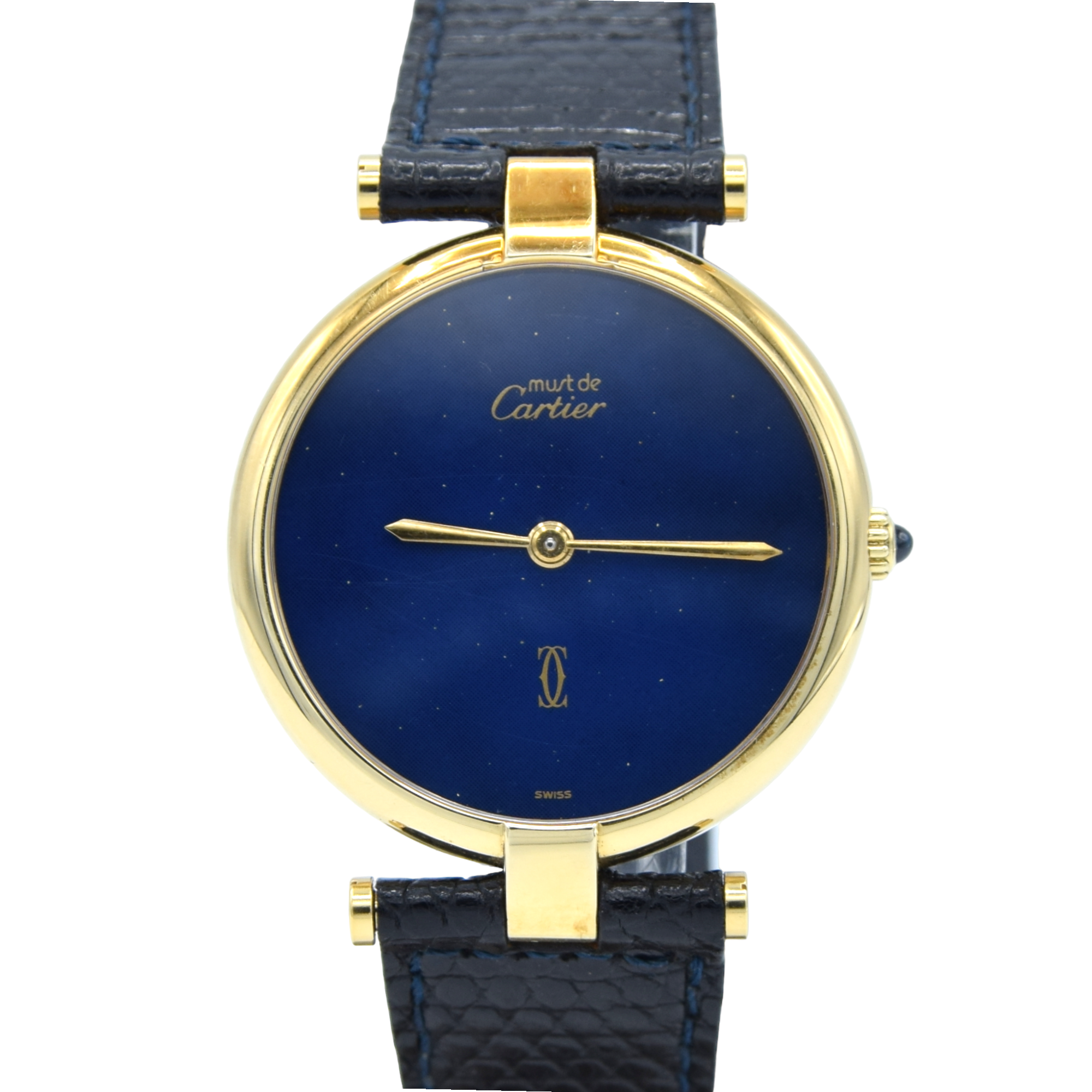 1990s Cartier Ronde with Lapis-Type Dial and Vendôme Lugs in 925 Sterling Silver Gilt Vermeil Case with Box