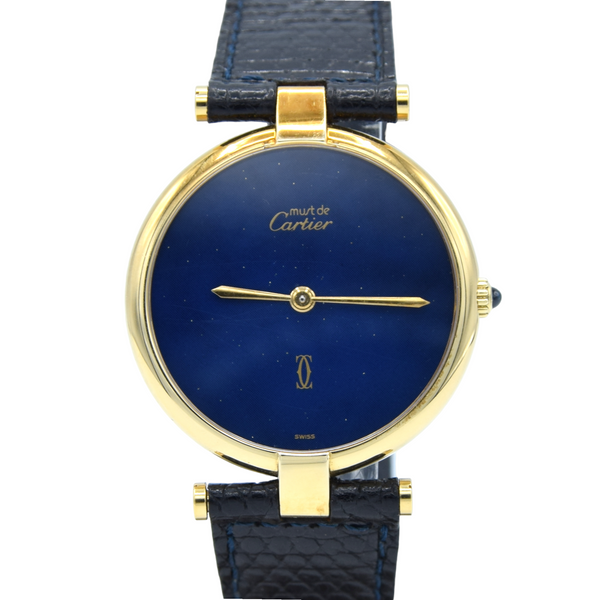 1990s Cartier Ronde with Lapis-Type Dial and Vendôme Lugs in 925 Sterling Silver Gilt Vermeil Case with Box