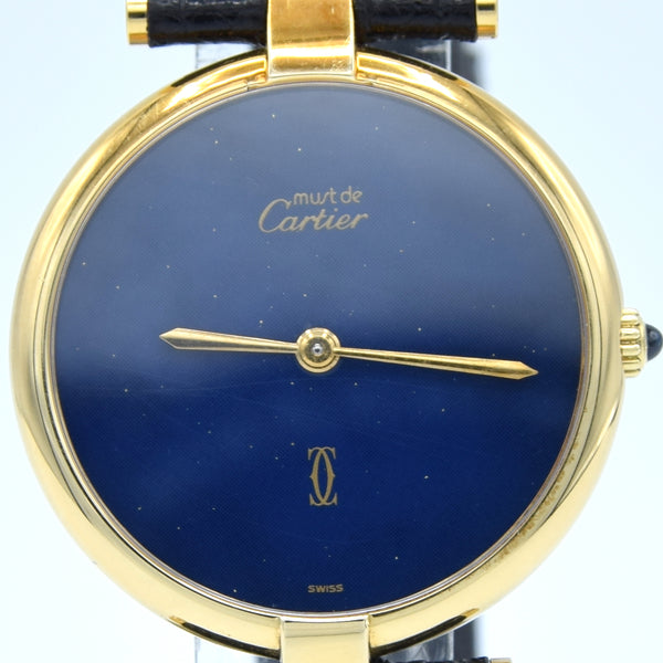 1990s Cartier Ronde with Lapis-Type Dial and Vendôme Lugs in 925 Sterling Silver Gilt Vermeil Case with Box