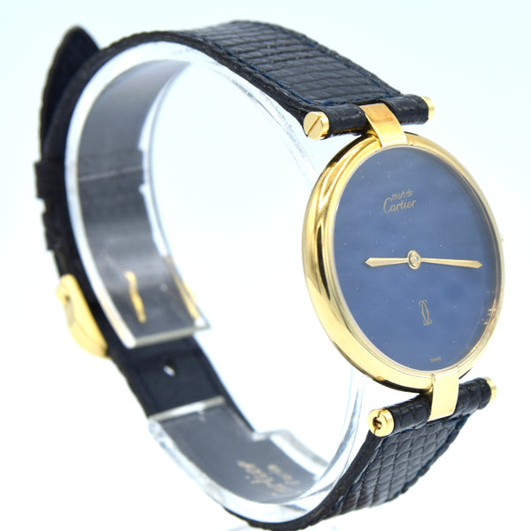 1990s Cartier Ronde with Lapis-Type Dial and Vendôme Lugs in 925 Sterling Silver Gilt Vermeil Case with Box