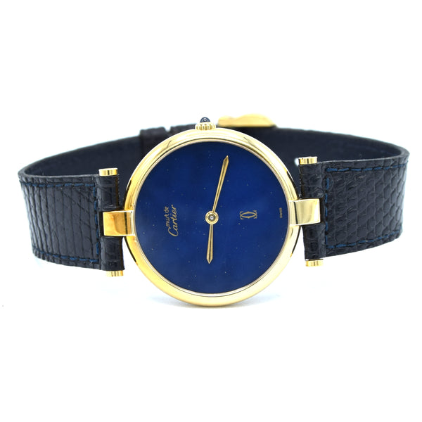 1990s Cartier Ronde with Lapis-Type Dial and Vendôme Lugs in 925 Sterling Silver Gilt Vermeil Case with Box