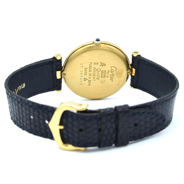 1990s Cartier Ronde with Lapis-Type Dial and Vendôme Lugs in 925 Sterling Silver Gilt Vermeil Case with Box
