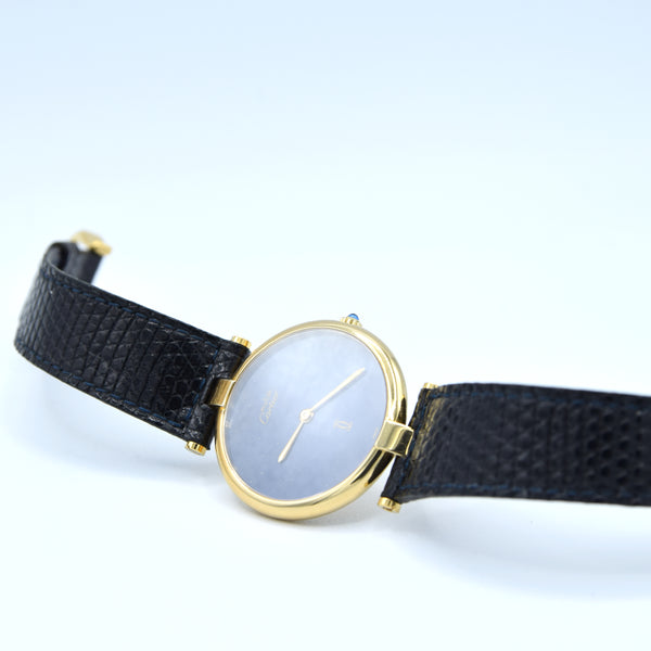 1990s Cartier Ronde with Lapis-Type Dial and Vendôme Lugs in 925 Sterling Silver Gilt Vermeil Case with Box