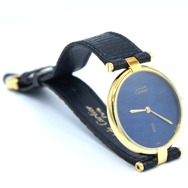 1990s Cartier Ronde with Lapis-Type Dial and Vendôme Lugs in 925 Sterling Silver Gilt Vermeil Case with Box