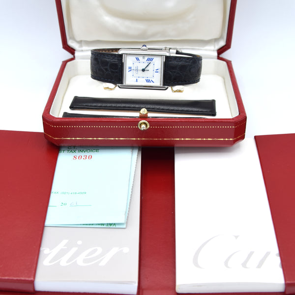 2001 Large Cartier Tank Date with Roman Numerals Model 2414 in Silver with Deployment Clasp, Box and Papers