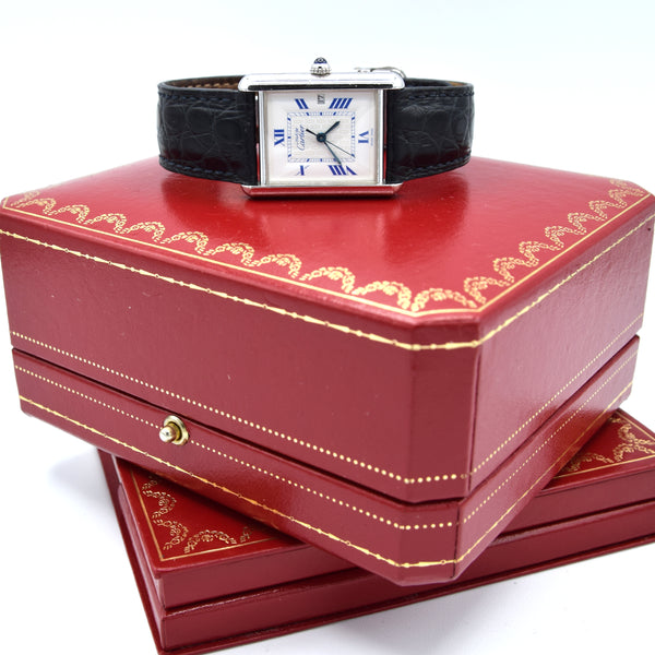2001 Large Cartier Tank Date with Roman Numerals Model 2414 in Silver with Deployment Clasp, Box and Papers