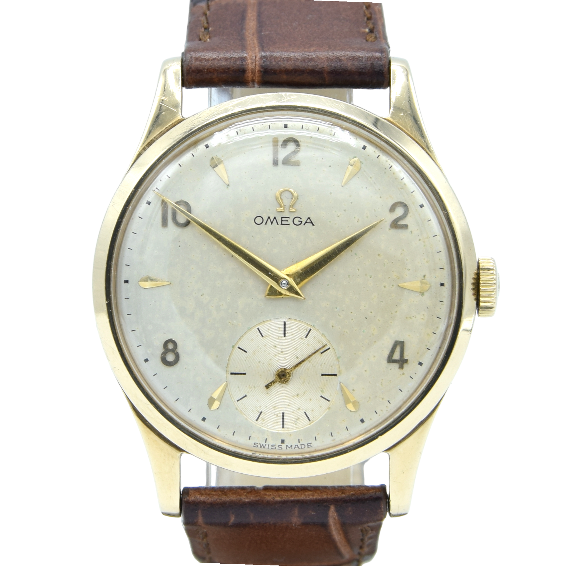 1952 Omega Manual Wind Dress Watch Model 13322 in 9ct Gold with Mixed Arrow and Arabic Numerals Sub Seconds with Box, Books and Original Gold Buckle
