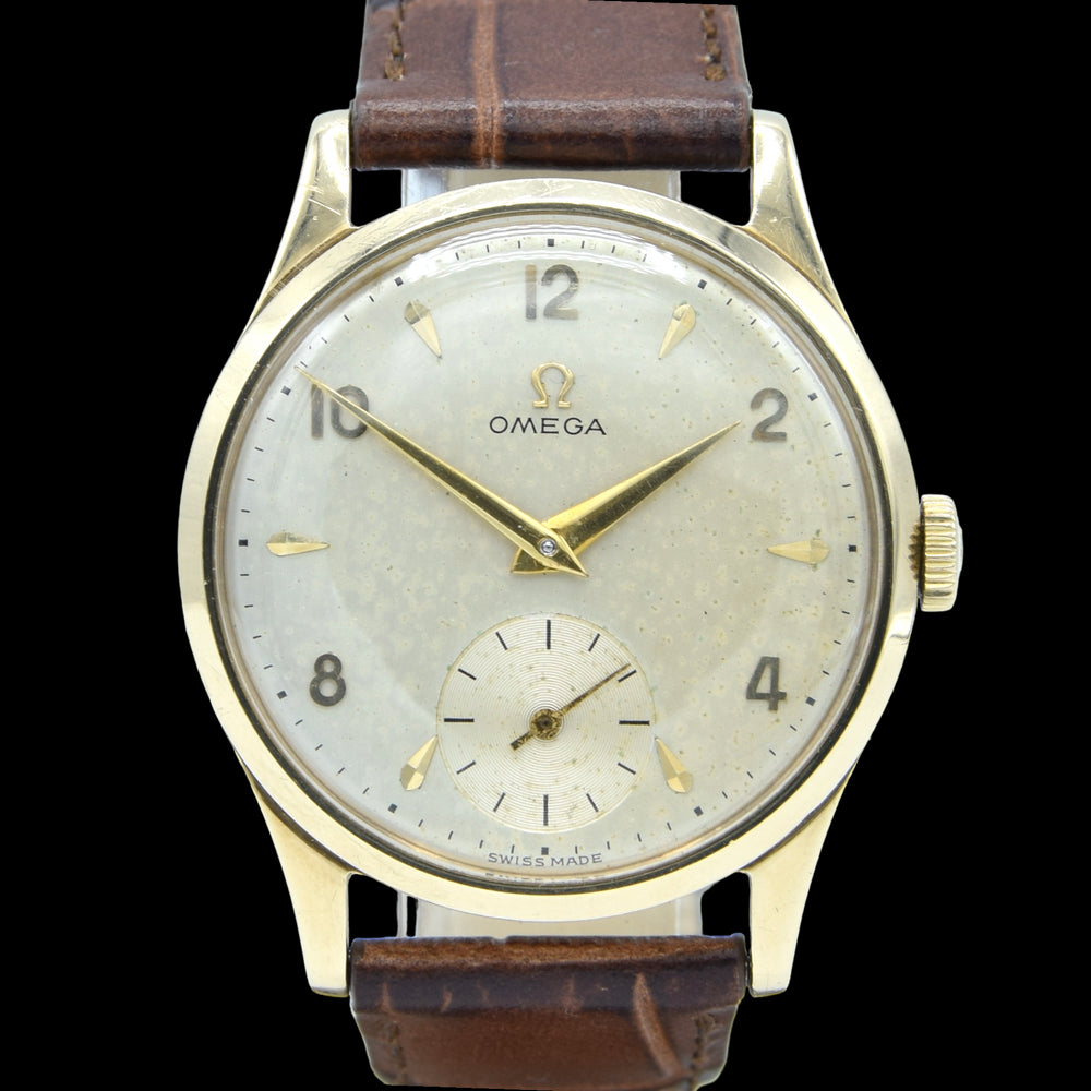 1952 Omega Manual Wind Dress Watch Model 13322 in 9ct Gold with Mixed Arrow and Arabic Numerals Sub Seconds with Box, Books and Original Gold Buckle