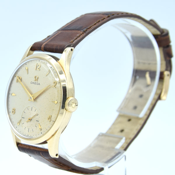 1952 Omega Manual Wind Dress Watch Model 13322 in 9ct Gold with Mixed Arrow and Arabic Numerals Sub Seconds with Box, Books and Original Gold Buckle