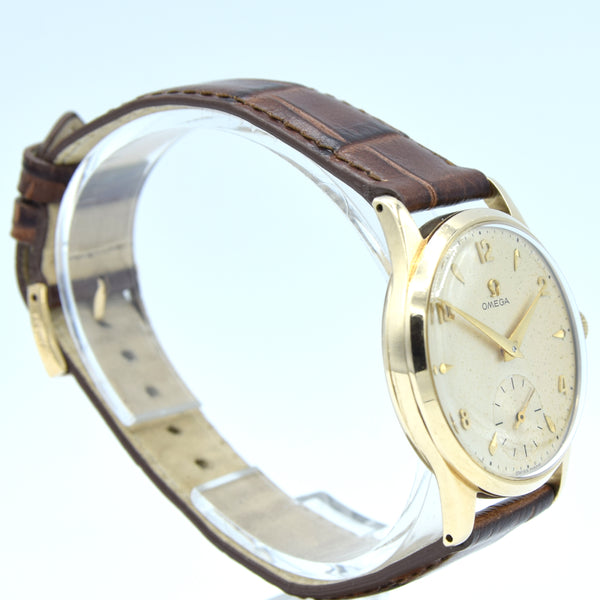 1952 Omega Manual Wind Dress Watch Model 13322 in 9ct Gold with Mixed Arrow and Arabic Numerals Sub Seconds with Box, Books and Original Gold Buckle