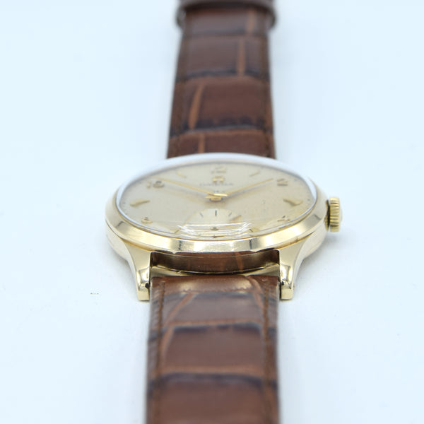 1952 Omega Manual Wind Dress Watch Model 13322 in 9ct Gold with Mixed Arrow and Arabic Numerals Sub Seconds with Box, Books and Original Gold Buckle