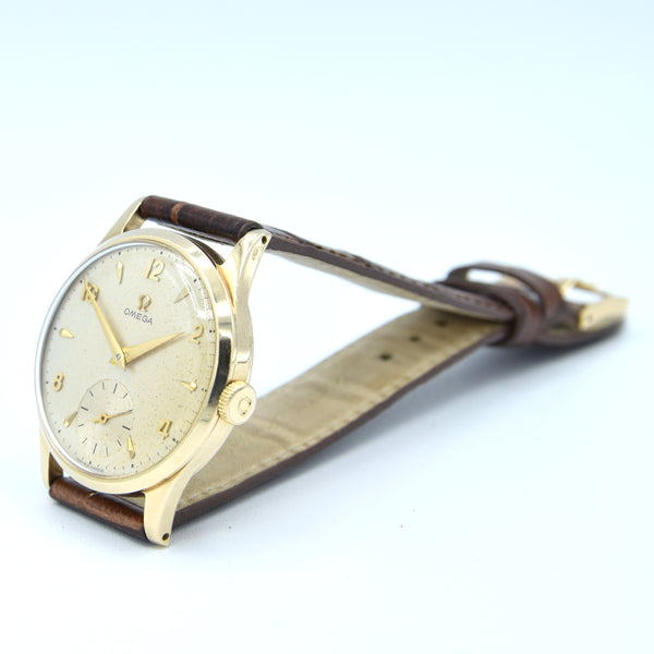1952 Omega Manual Wind Dress Watch Model 13322 in 9ct Gold with Mixed Arrow and Arabic Numerals Sub Seconds with Box, Books and Original Gold Buckle