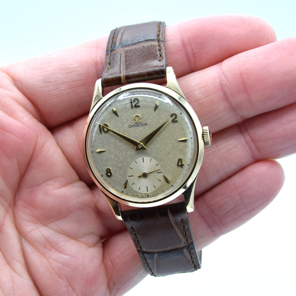 1952 Omega Manual Wind Dress Watch Model 13322 in 9ct Gold with Mixed Arrow and Arabic Numerals Sub Seconds with Box, Books and Original Gold Buckle