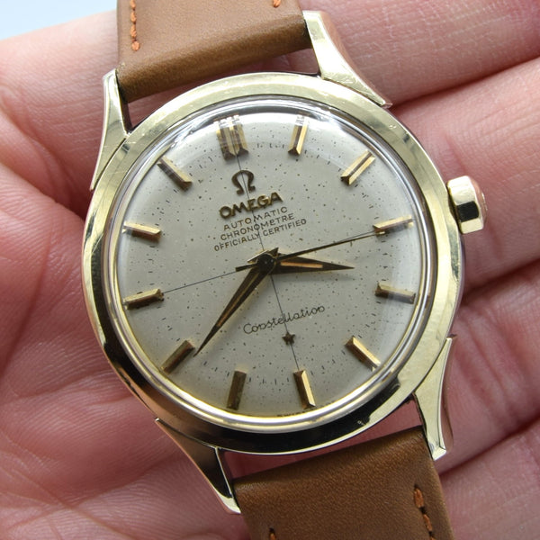 1956 Omega Constellation Chronometer Early Model 2852 with Crosshair Patina Dial in Gold Capped Case