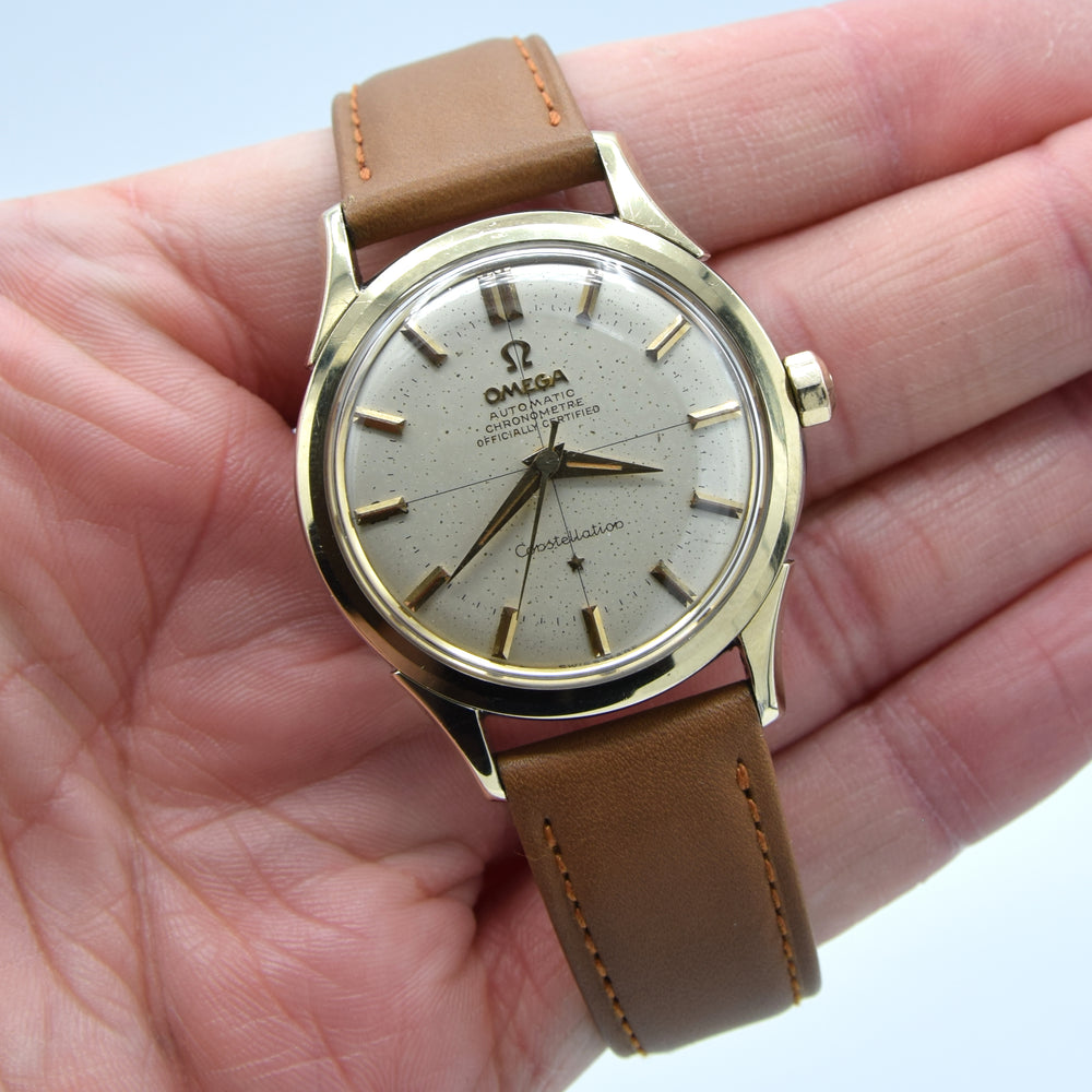 1956 Omega Constellation Chronometer Early Model 2852 with Crosshair Patina Dial in Gold Capped Case