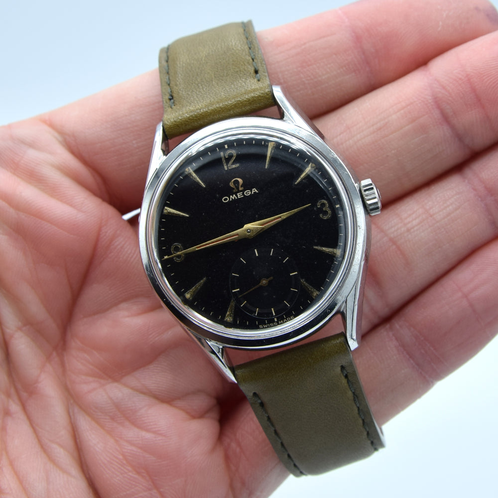 1947 Omega Classic Black Dial Dress Watch Model 2791 with Sub Seconds in Stainless Steel