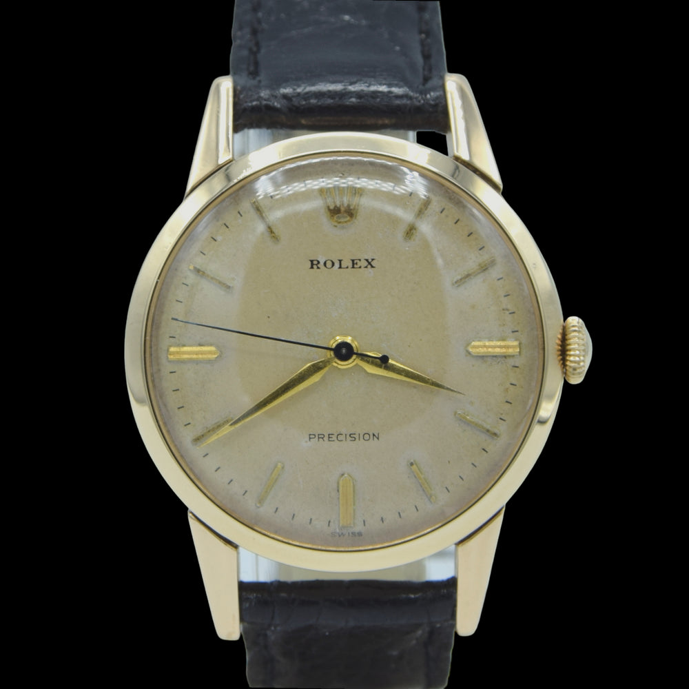 1959 Rolex Precision Dress Wristwatch in Solid 9ct Gold with Patina Dial in 32mm Unisex Model 14075