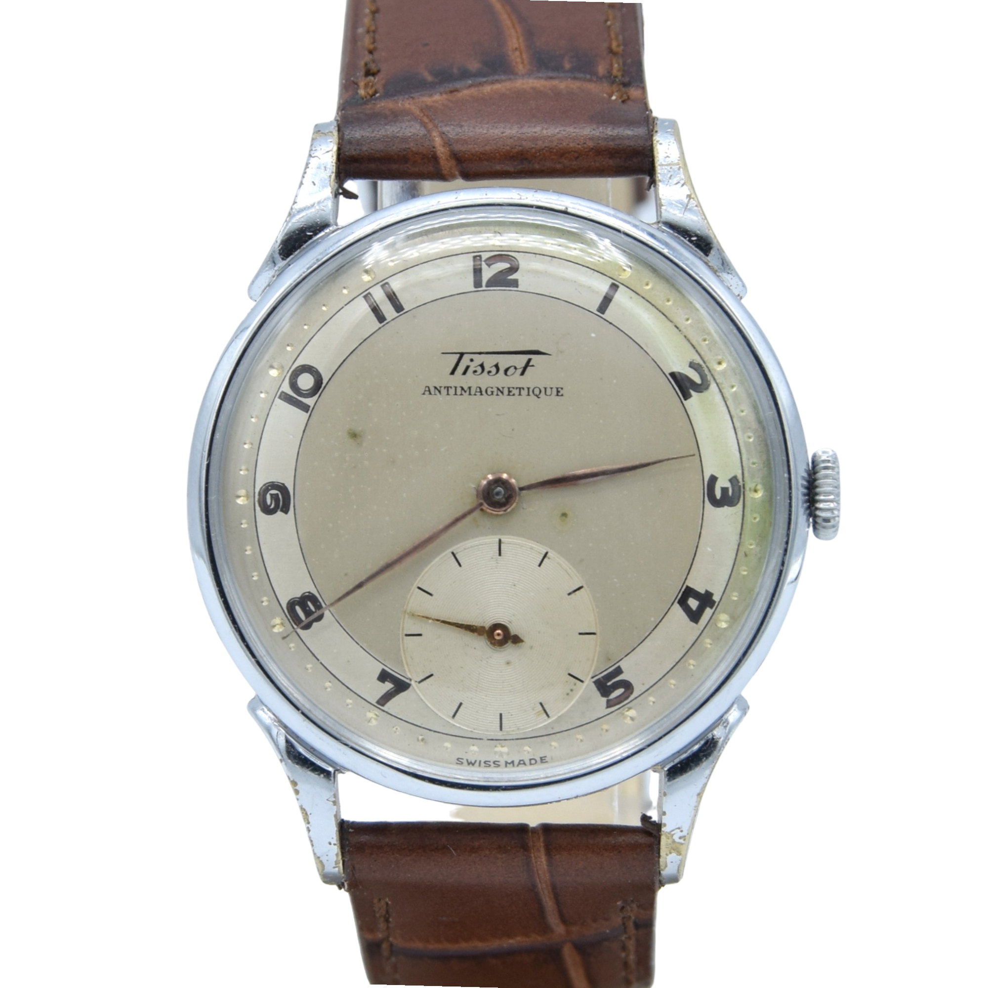 1940s Tissot Anti-Magnetic Manual Wind Wristwatch Model 6424 with Original Two Tone Radial Arabic Numeral Dial in Chrome Front & Steel Back