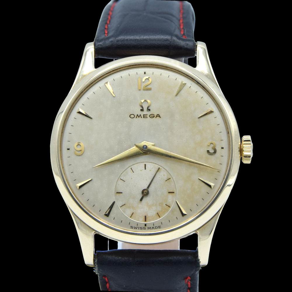 1952 Omega Dress Watch Model 13322 in 9ct Gold with Mother of Pearl Patina Effect Dial with Sub Seconds and Original 9ct Gold Buckle