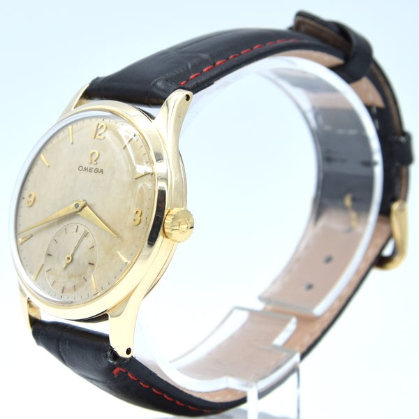 1952 Omega Dress Watch Model 13322 in 9ct Gold with Mother of Pearl Patina Effect Dial with Sub Seconds and Original 9ct Gold Buckle