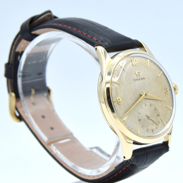 1952 Omega Dress Watch Model 13322 in 9ct Gold with Mother of Pearl Patina Effect Dial with Sub Seconds and Original 9ct Gold Buckle