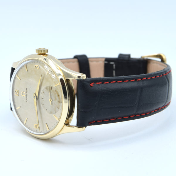 1952 Omega Dress Watch Model 13322 in 9ct Gold with Mother of Pearl Patina Effect Dial with Sub Seconds and Original 9ct Gold Buckle