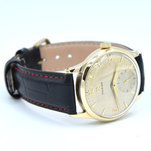 1952 Omega Dress Watch Model 13322 in 9ct Gold with Mother of Pearl Patina Effect Dial with Sub Seconds and Original 9ct Gold Buckle