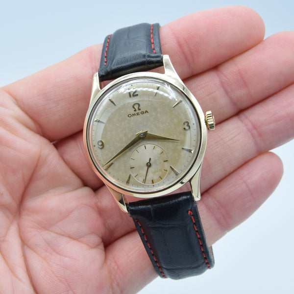 1952 Omega Dress Watch Model 13322 in 9ct Gold with Mother of Pearl Patina Effect Dial with Sub Seconds and Original 9ct Gold Buckle