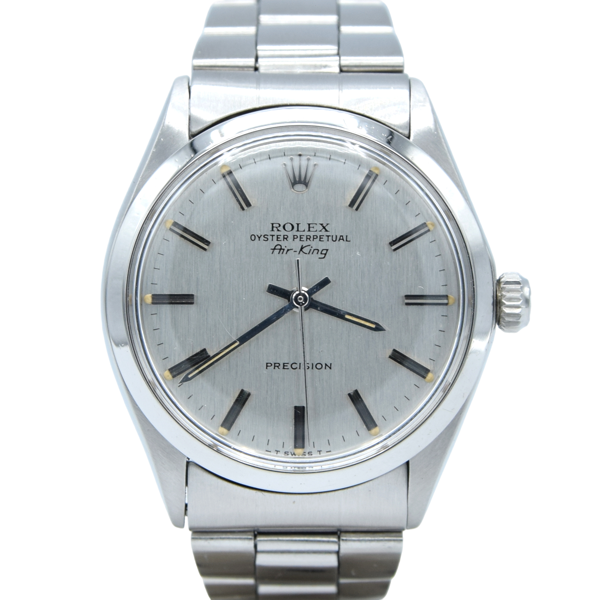 1972 Rolex Oyster Perpetual Air King Precision Model 5500 Grey bark / linen Dial in Stainless Steel on oyster bracelet.