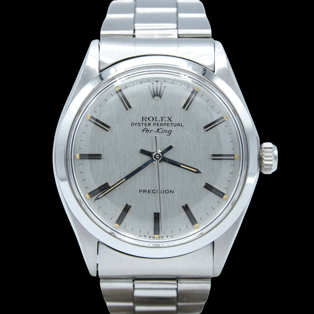 1972 Rolex Oyster Perpetual Air King Precision Model 5500 Grey bark / linen Dial in Stainless Steel on oyster bracelet.