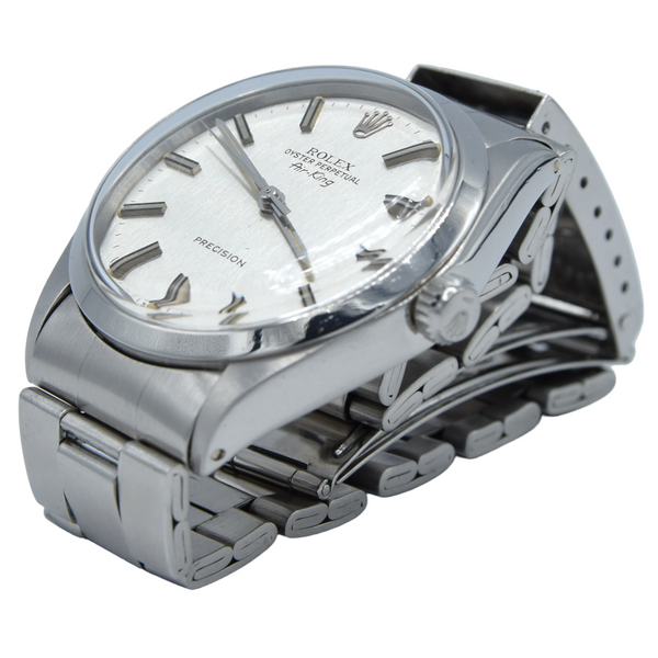 1972 Rolex Oyster Perpetual Air King Precision Model 5500 Grey bark / linen Dial in Stainless Steel on oyster bracelet.
