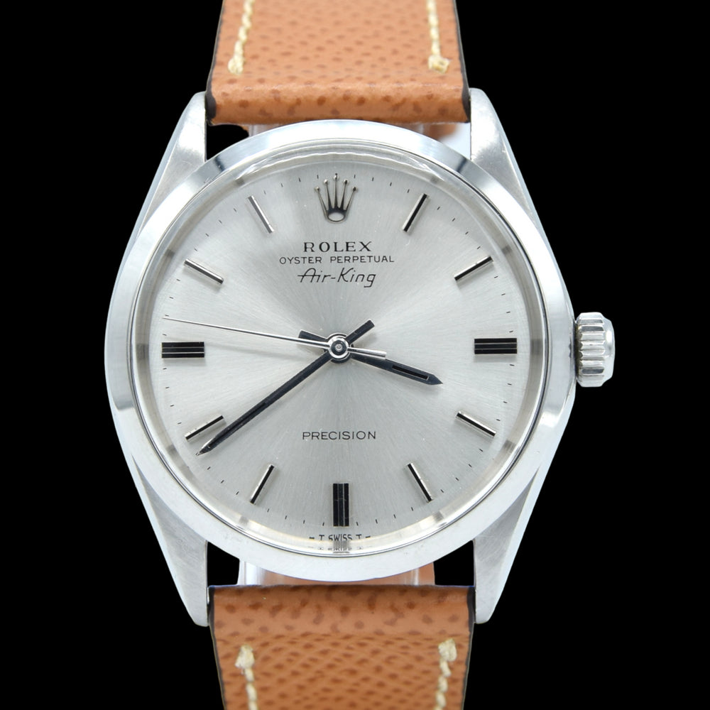 1969 Rolex Oyster Perpetual Air King Precision Model 5500 with satin silvered Dial in Stainless Steel on leather