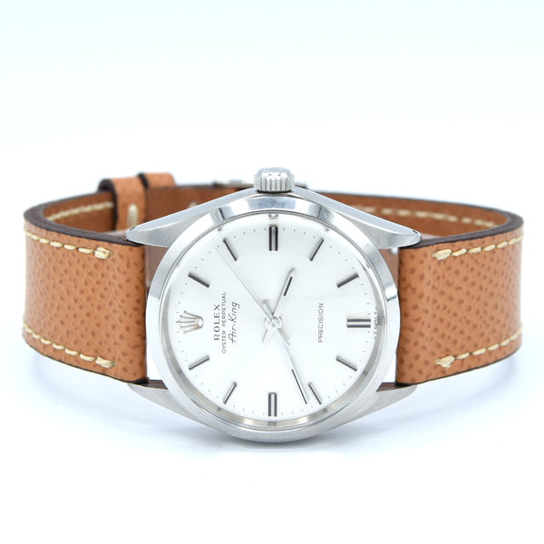 1969 Rolex Oyster Perpetual Air King Precision Model 5500 with satin silvered Dial in Stainless Steel on leather