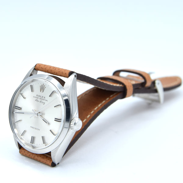 1969 Rolex Oyster Perpetual Air King Precision Model 5500 with satin silvered Dial in Stainless Steel on leather