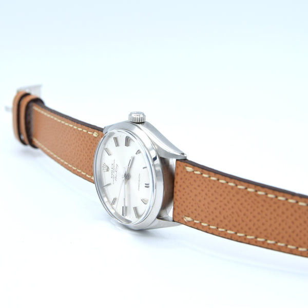 1969 Rolex Oyster Perpetual Air King Precision Model 5500 with satin silvered Dial in Stainless Steel on leather