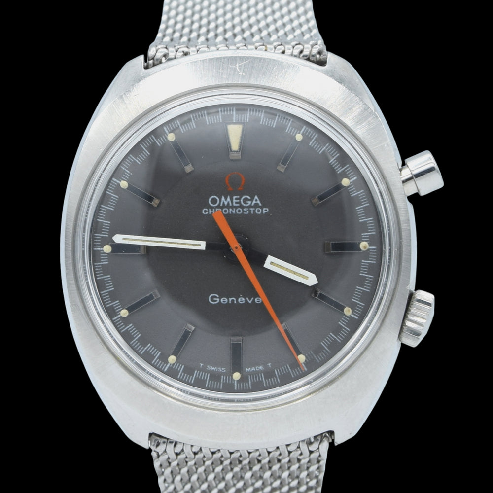 (RESERVED)1967 Omega Chronostop Genéve Mk1 Model 145.009 with Grey Sloped Dial in Stainless Steel on mesh