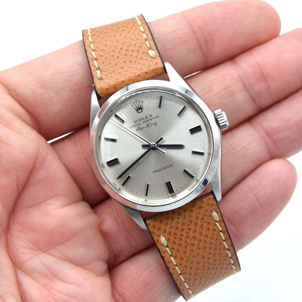 1969 Rolex Oyster Perpetual Air King Precision Model 5500 with satin silvered Dial in Stainless Steel on leather