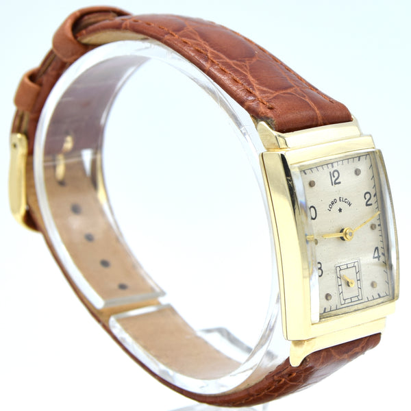 1940-46 Lord Elgin High Grade 21Jewels solid 14k Gold Deco Rectangular Wristwatch with Box