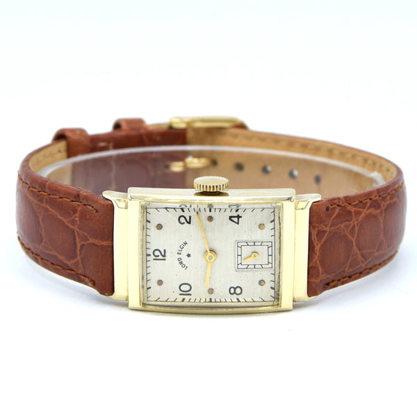 1940-46 Lord Elgin High Grade 21Jewels solid 14k Gold Deco Rectangular Wristwatch with Box