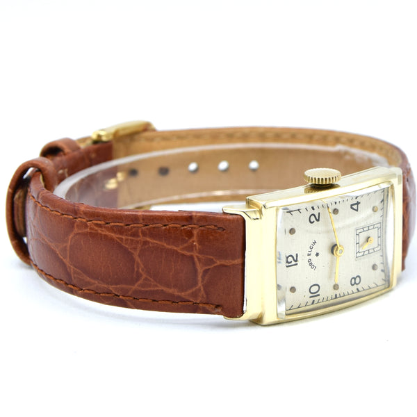 1940-46 Lord Elgin High Grade 21Jewels solid 14k Gold Deco Rectangular Wristwatch with Box