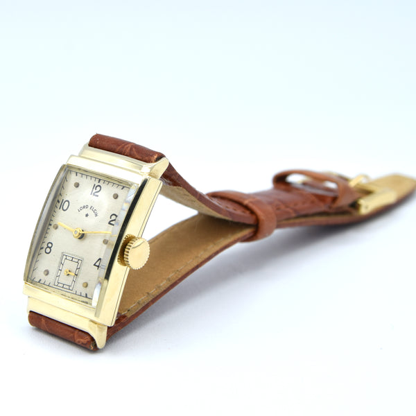 1940-46 Lord Elgin High Grade 21Jewels solid 14k Gold Deco Rectangular Wristwatch with Box