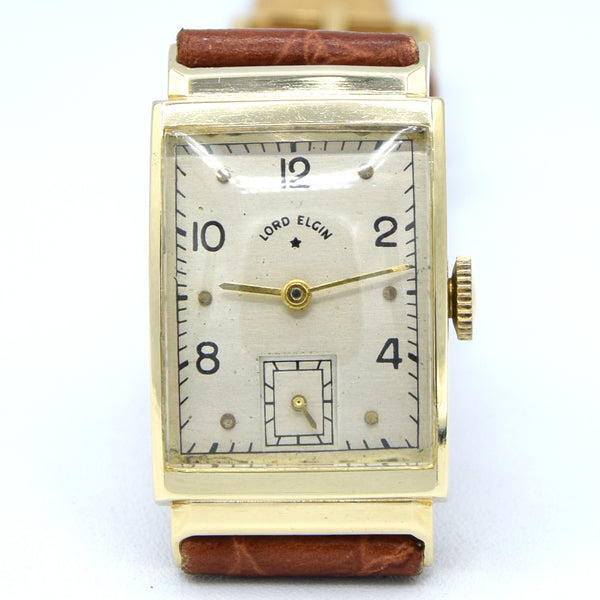 1940-46 Lord Elgin High Grade 21Jewels solid 14k Gold Deco Rectangular Wristwatch with Box